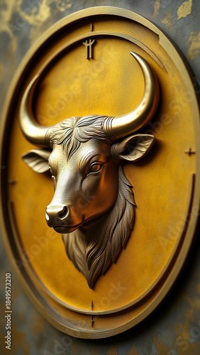 A detailed bronze sculpture of a bull's head, set against a circular, ornate backdrop with a clock symbol. The sculpture showcases the strength and detail of the bull