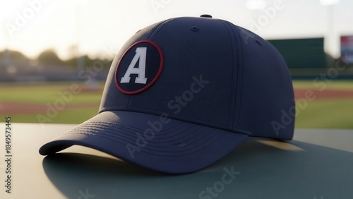 Wallpaper Mural Textured navy blue baseball cap with a prominent white “A” emblem within a red circular patch, casually resting on a green surface with a blurred baseball field background bathed in the warm, golden Torontodigital.ca