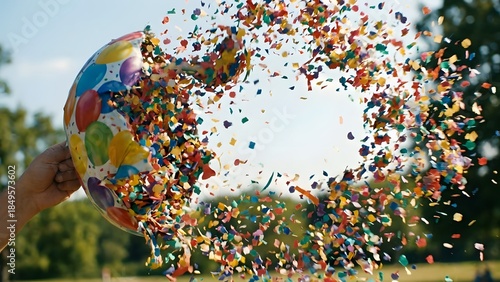 Colorful Confetti Exploding from a Balloon Outdoors.