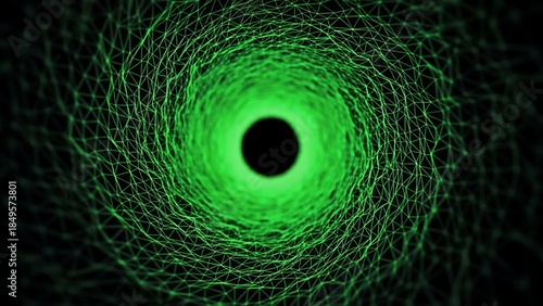 A swirling vortex of bright green lines converging into a dark central void