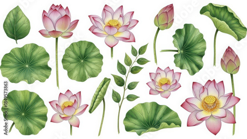 Beautiful water lily flowers and leaves collection