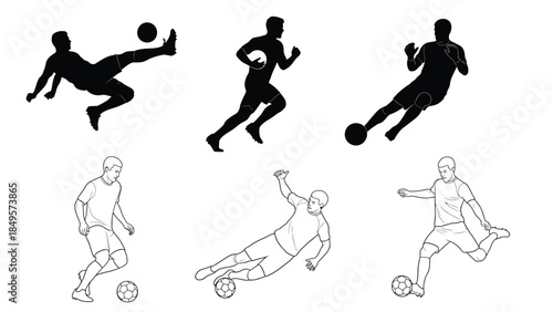 Collection of six dynamic soccer player silhouettes and line art illustrations showing various actions like kicking and running