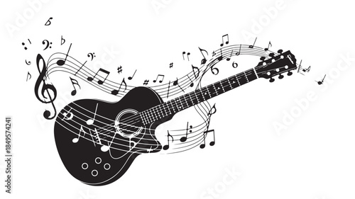 Acoustic Guitar in Monochromatic Illustration with Musical Notes in Simple Elegant Design for Music Education