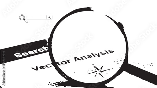 Magnifying glass on vector analysis graphic in black and white with bold typography for data examination