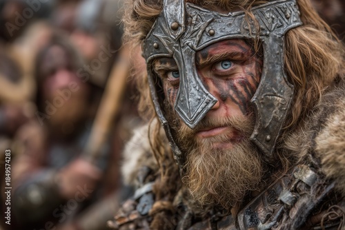 Intense Warrior Portrait with Face Paint and Metallic Armor in Action Scene