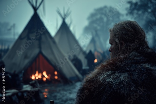 Traditional Camp Scene with Tents and Figure Wearing Fur in Misty Environment