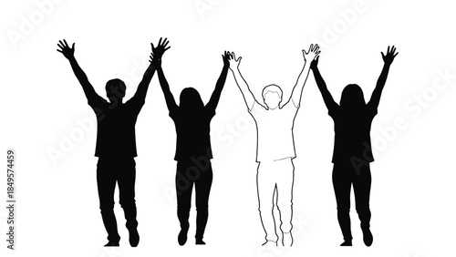 Four diverse people celebrating victory or unity with arms raised high in a striking black and white silhouette graphic design