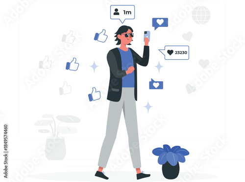 Man taking selfie with social media and likes person phone