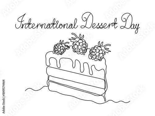 International dessert day.  Greeting card. Abstract sweet piece of cake with raspberry, continuous single one line art hand drawing sketch logo on white background