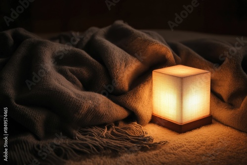 Warm Cozy Light from Fabric Draped Lantern on Soft Blanket at Night