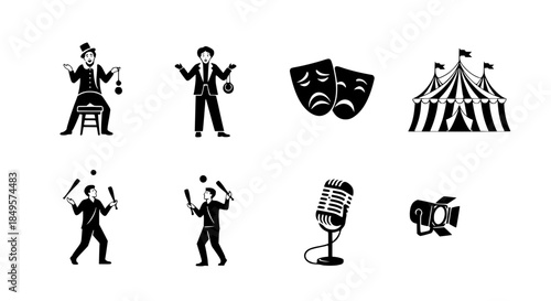 Variety Performance Icons Featuring Circus Tents Jugglers Theater Masks and Stage Equipment For Your Upcoming Festival