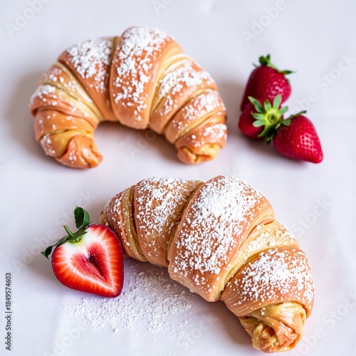 Two croissants with powdered sugar and fresh strawberries vector illustration on white background breakfast concept