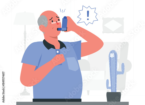 Man using inhaler with shocked expression asthma elderly d
