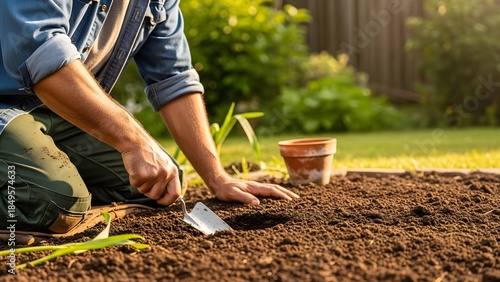 Fototapeta Naklejka Na Ścianę i Meble -  Gardener Planting Flowers in Garden Soil.