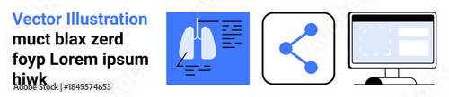 Medical research, healthcare communication, data analysis, technology usage, diagnostics, sharing information. A diagram of lungs and computer screen icons. Medical research and healthcare