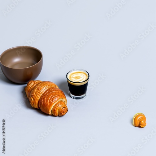 Minimalist breakfast vector with croissant espresso small pastry and bowl on light blue background food concept