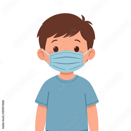 A young boy wearing a protective face mask for safety and health during a pandemic or illness