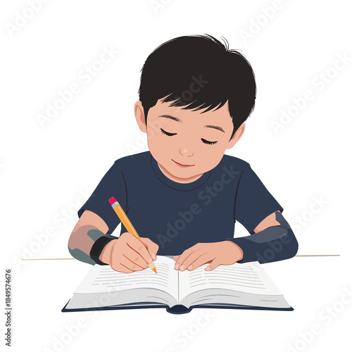 A young boy diligently writes in an open book with a pencil, focusing on his studies and learning