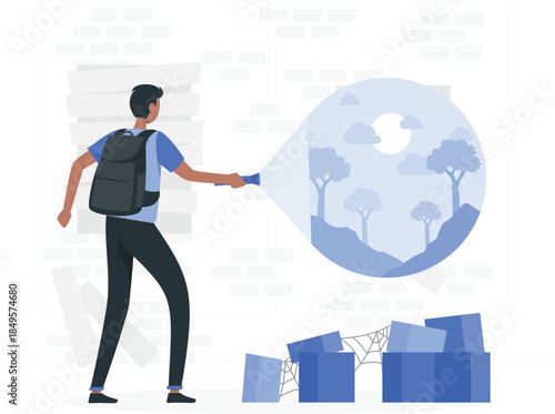 Man using magnifying glass to examine landscape blue trees