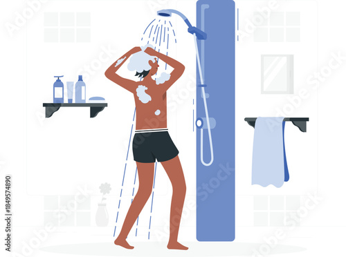 Man washing hair under shower head bathroom soap de