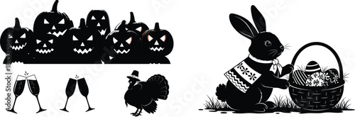 SEO Title: Holiday Silhouette Set with Halloween Pumpkins Easter Bunny Turkey and Champagne