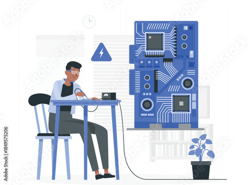Man working on circuit board with soldering iron electronics computer chip desi