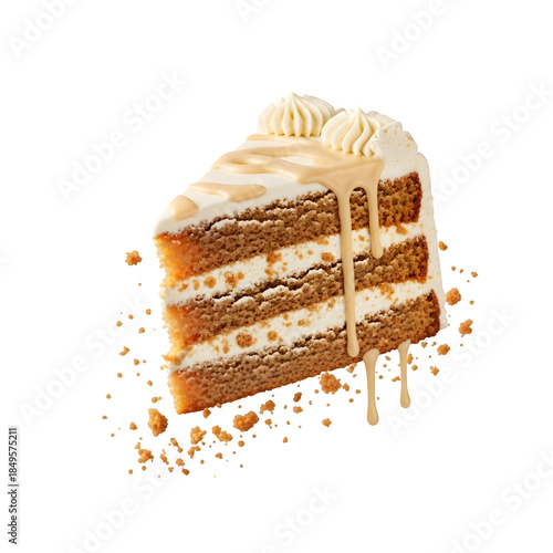 Slice of layered cake with creamy filling, smooth frosting, and caramel drizzle with falling crumbs, perfect for dessert and bakery designs, isolated on white or transparent background. PNG format.