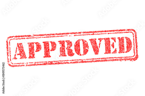 Red approved rubber stamp vector illustration with grunge texture isolated on white. Commercial business sign for validation, permission, authorization and agreement quality control concepts.