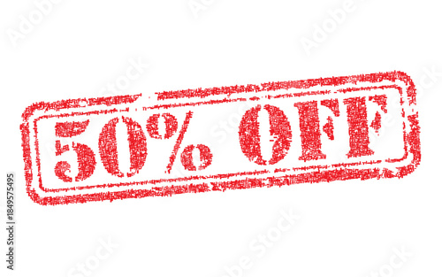 Red vector 50% OFF rubber stamp isolated on white. Grunge distressed texture sale ink imprint for marketing promotion. Half price discount offer label for retail shop tag or commerce badge design.