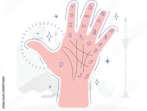 Palm with astrology symbols and lines on white background with candle hand zodiac des