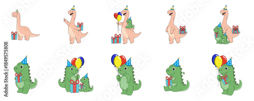 Cute cartoon dinosaurs celebrating a birthday with gifts, balloons, and party hats. Adorable parent and baby dinosaur characters for festive occasions.