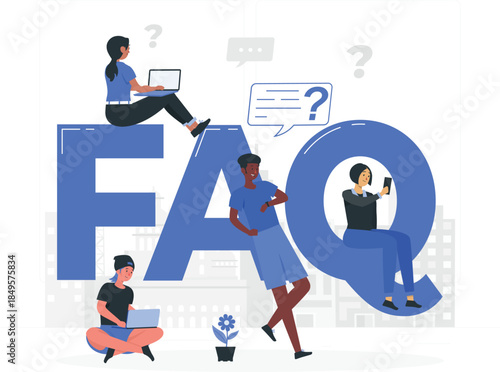 People interacting with large F A Q letters and technology frequently asked questions laptop