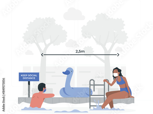 People in swimming pool with inflatable duck and social distancing sign face masks de