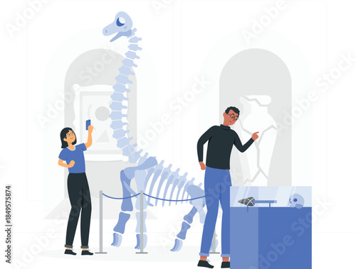 People looking at dinosaur skeleton in museum exhibit display case