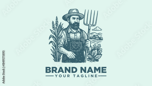 Retro Farmer with Pitchfork Holding Wheat and Vegetables, Agricultural Logo Vector Illustration