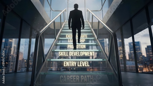 Man Ascending Staircase to Success and Career Growth.