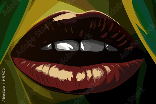 Watercolor illustration of plump, glossy red lips. The open mouth reveals white teeth and a dark interior. Painted with soft shading