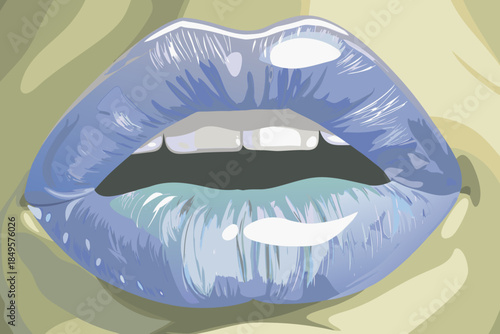 Watercolor illustration of plump, glossy blue lips. The open mouth reveals white teeth and a dark interior. Painted with soft shading