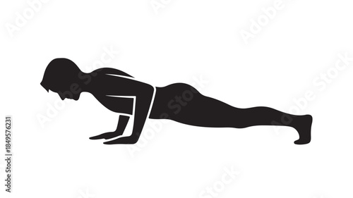 Woman doing push-up in black silhouette with dramatic lighting on white background for fitness illustration