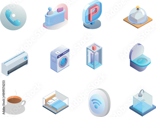 Collection of Glossy 3D Isometric Icons for Hotel Amenities and Home Services Including Wi-Fi, Parking, and Reception