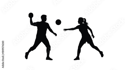Silhouette of a male and female athlete playing handball or dodgeball with a ball in midair