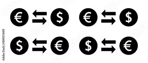 Dollar to euro exchange rate icon set. Money conversion and forex transaction symbol