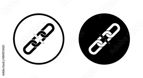 Broken chain link icon in black circle. Unlink, connection loss, separation concept symbol