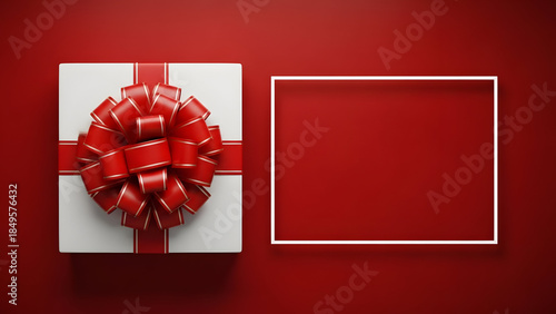 Gift box with red ribbon and bow on red background with empty frame