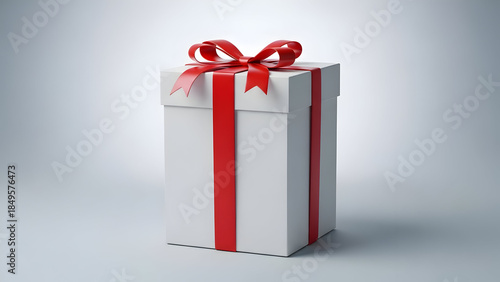 A wrapped gift box with a red ribbon