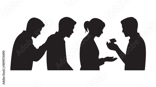 Silhouetted people in conversation with pill in simple profile view in black on white background for healthcare illustration