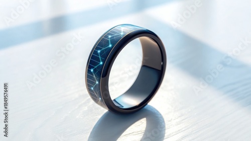 A sleek, modern ring featuring a blue geometric design, placed on a light wooden surface, showcasing its stylish and futuristic aesthetic.