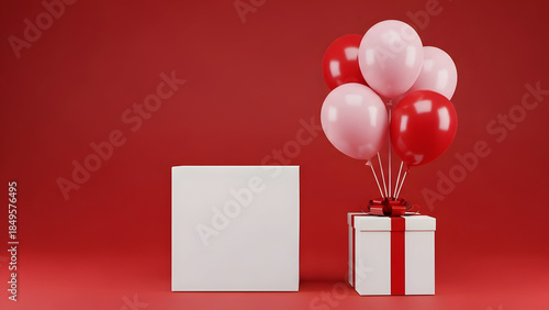 Gift box with red and white balloons on a red background