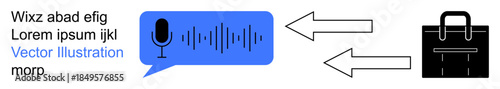 Audio transcription, communication technology, speech recognition, translation services, workplace automation, digital tools. Speech bubble with microphone and waveform linking to a briefcase. Audio