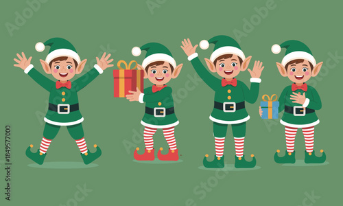 Four cartoon elves in green outfits holding presents and waving on a green background Keywords: elves, christmas, holiday, festive